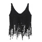 Black Eyelet Crochet Long Tassel V-Neck Spaghetti Strap Tank Top